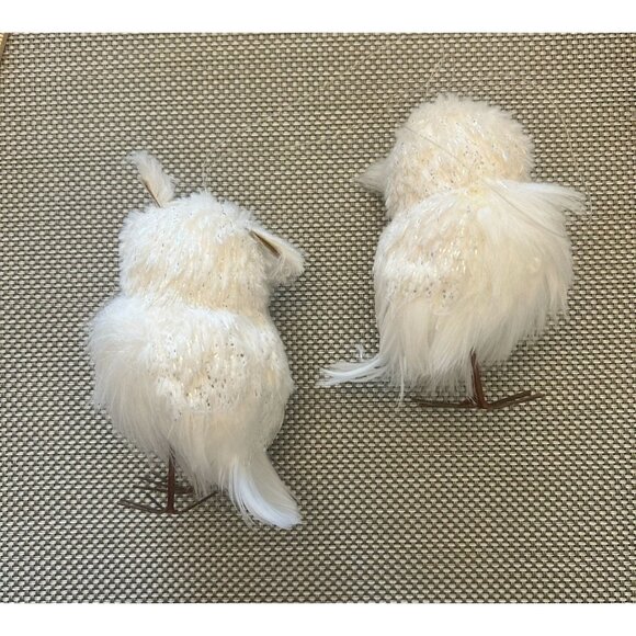 Set of 2 White Feathered Owls Glass Eyes Glitter Christmas Ornament Floral Arran - Picture 2 of 4